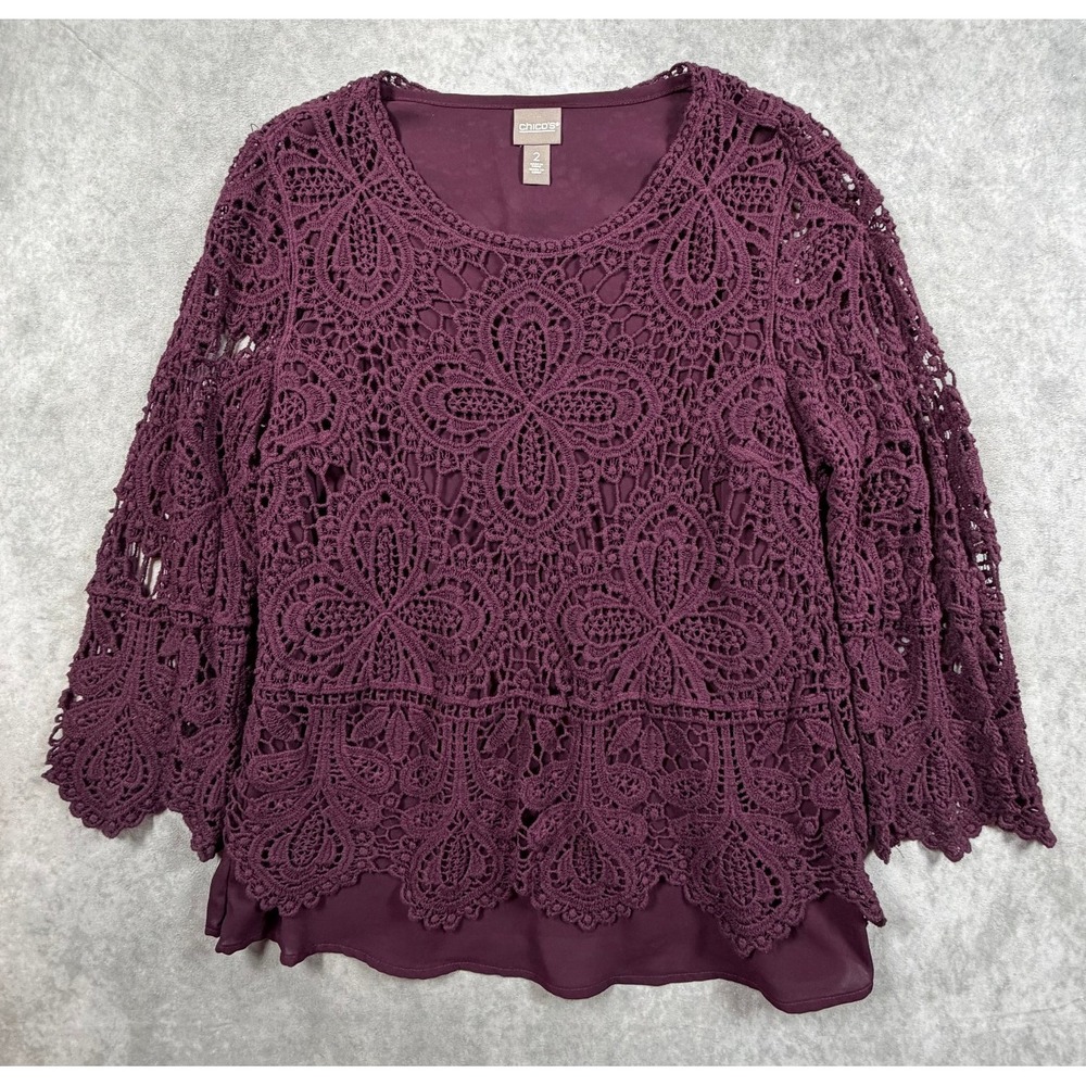 Chicos Womens Size 2 Blouse Plum Crochet Lace Overlay 3 4 Sleeve Scalloped